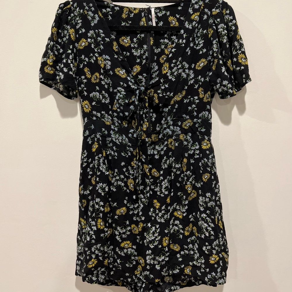 Free People Jinx Black Floral Print Tie-Front Romper
